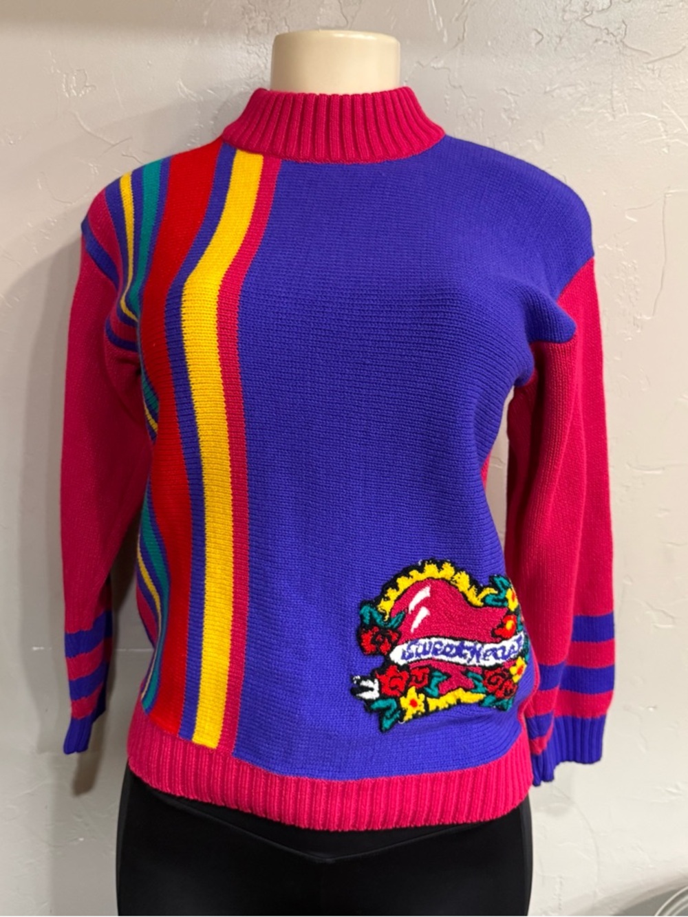 Converse Purple & Hot Pink Colorblock Turtleneck Sweater with Rainbow Stripe